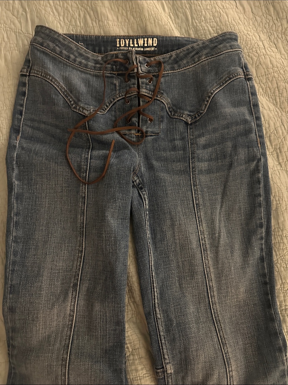 Idyllwind Blue Denim Lace-Up Flare Jeans with Brown Tie